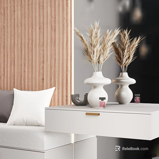 Stylish White Decorative Cabinet with White Vases Dried Grass and Decor Items 3d model 