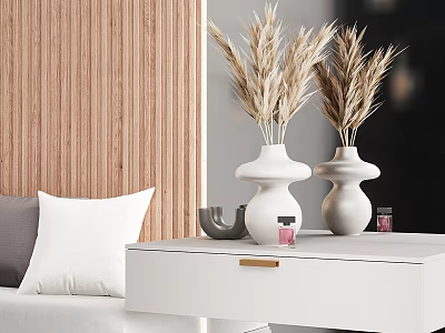 Stylish White Decorative Cabinet with White Vases Dried Grass and Decor Items 3d model