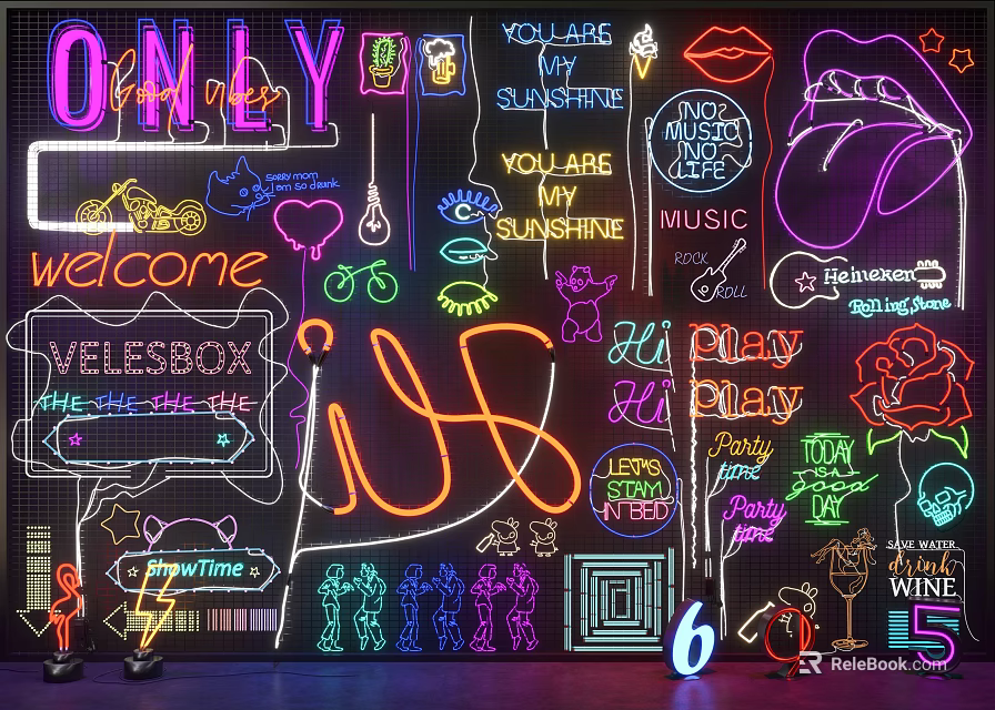 Neon Decorative Lights With Welcome Love Music Rose Sunshine Design Elements For Indoor Wall Decor 3d model 