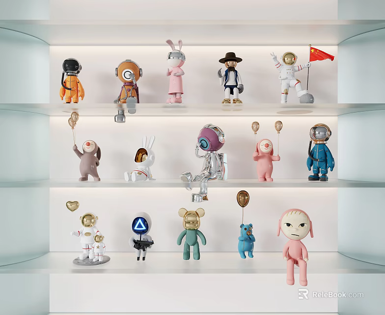 Assorted Dolls Collection on Shelves With Astronaut Rabbit and Animal Figures 3d model 
