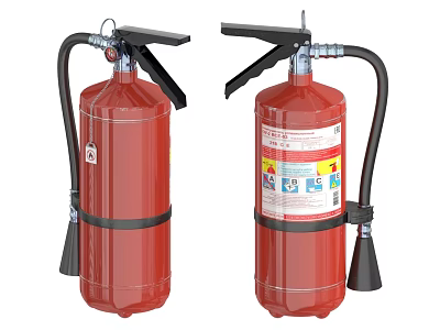 Red Portable Fire Extinguishers With Black Hose And Safety Instruction Labels 3d model