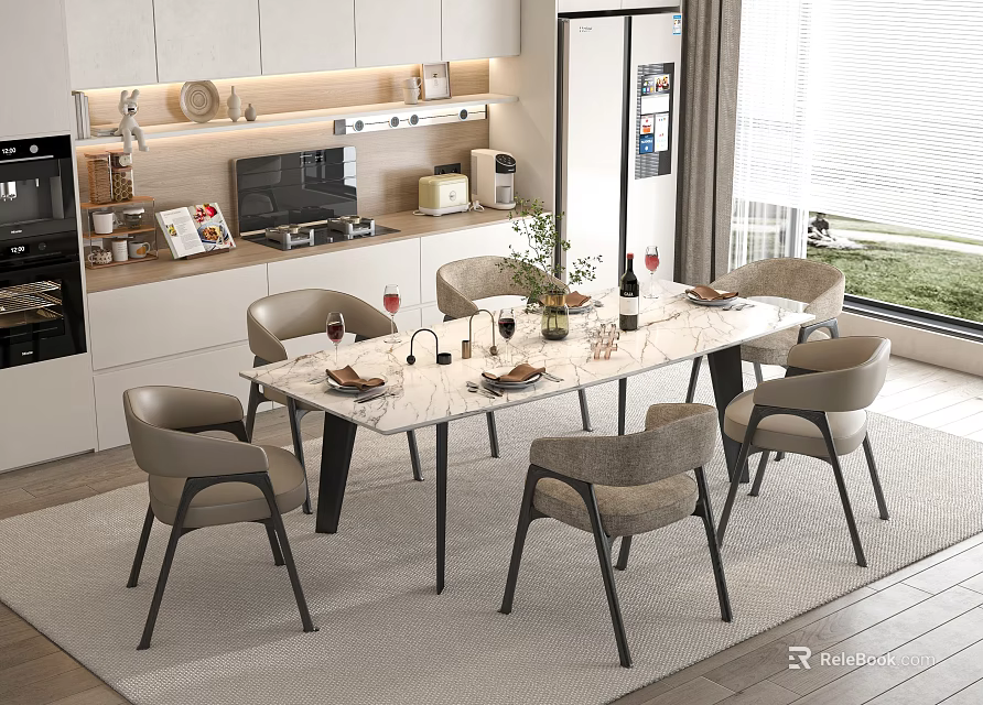 Modern Dining Table Set With Marble Top And Six Upholstered Chairs In Open Kitchen 3d model