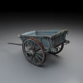 Old Blue Wooden Wheelbarrow With Rusted Large Wheel And Worn Design