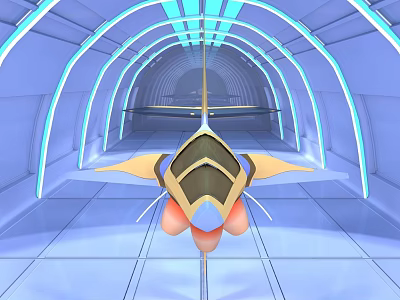 Futuristic Airliner Inside Blue Lit Tunnel With Gold Blue Body And Pink Engines 3d model