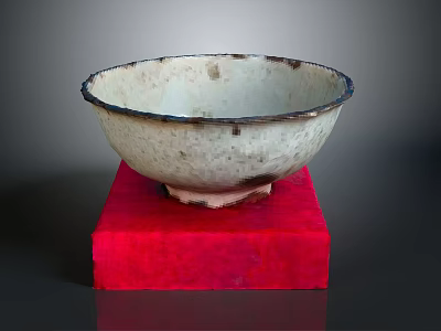 Hand Carved Ceramic Bowl Sculpture with Off White Finish on Red Base Stand 3d model