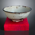 Hand Carved Ceramic Bowl Sculpture with Off White Finish on Red Base Stand