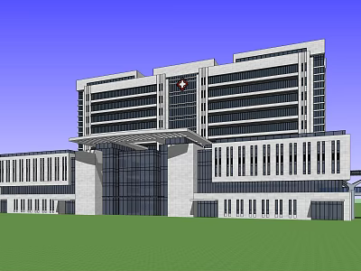 Modern Multi Story Hospital Building With Glass Curtain Walls And Lawn Front 3d model