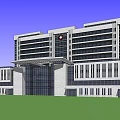 Modern Multi Story Hospital Building With Glass Curtain Walls And Lawn Front