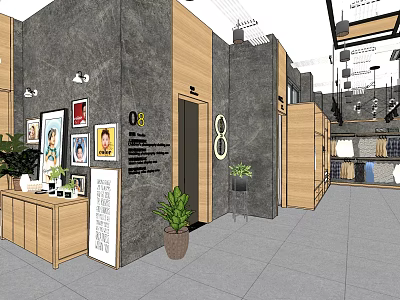 Modern Retail Interior Space With Gray Walls Wooden Decor Wall Photos And Green Plants 3d model