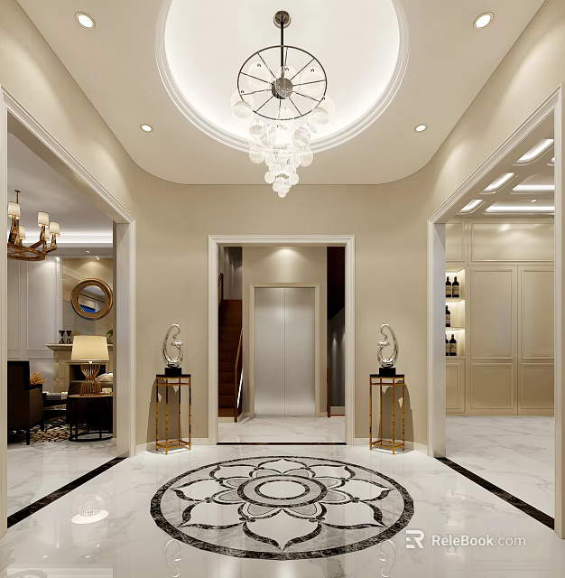 Elegant Elevator Hallway Design With Chandelier Marble Flooring And Decorative Statues 3d model