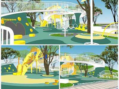 Children's Playground with Yellow Slide Climbing Structures Colorful Ground Surrounded by Trees and White Bridge 3d model
