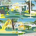 Children's Playground with Yellow Slide Climbing Structures Colorful Ground Surrounded by Trees and White Bridge