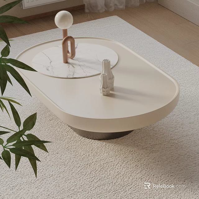 Light Colored Sofa Coffee Table Set With Oval Marble Top And Green Foliage Decor 3d model 