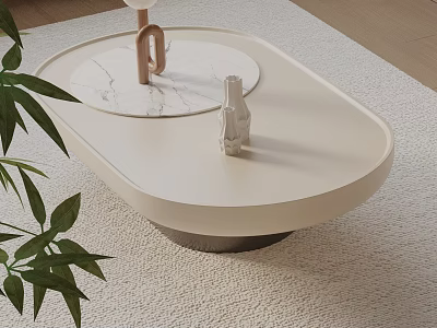 Light Colored Sofa Coffee Table Set With Oval Marble Top And Green Foliage Decor 3d model