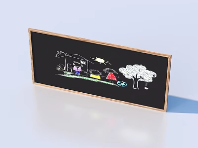 Wooden Frame Blackboard With Children's Drawing Of House Sun Tree Kids And Car 3d model