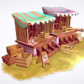 Two Wooden Stalls With Colorful Awnings And Wooden Crates Near Small Signs On Grass Field