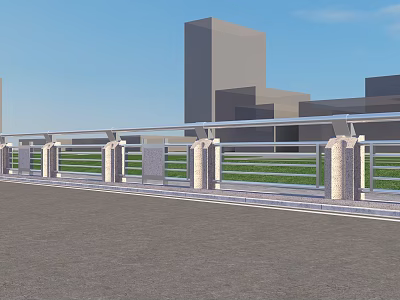 Modern Roadside Railings With Metal And Stone Design And Building Grass Background 3d model
