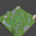 Game Character Exploring 3D Cartoon Scene With Roads Trees And Vehicles