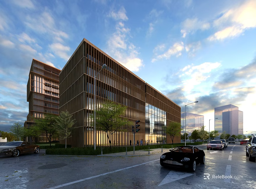 Modern Office Building Exterior With Wooden Facade Glass Windows Green Trees Road And Cars 3d model 
