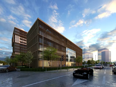 Modern Office Building Exterior With Wooden Facade Glass Windows Green Trees Road And Cars 3d model
