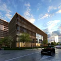 Modern Office Building Exterior With Wooden Facade Glass Windows Green Trees Road And Cars