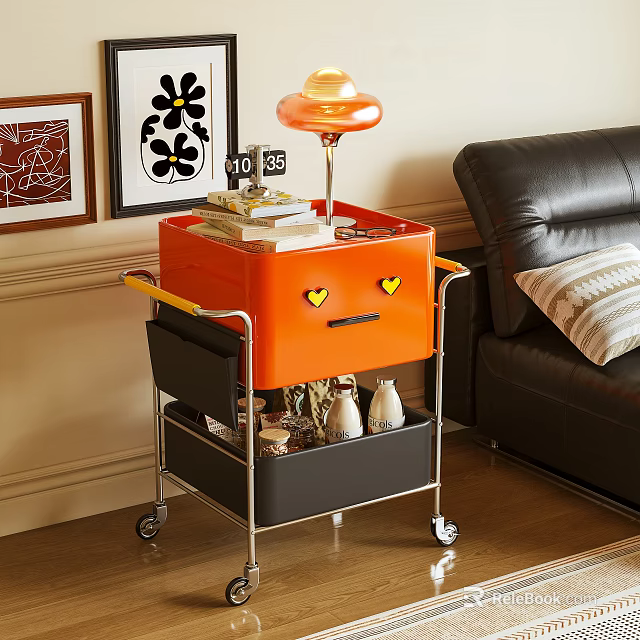 Orange Side Cart With Yellow Heart Patterns Lamp And Storage Shelf By Sofa 3d model 