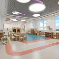 Bright Kindergarten Interior With Colorful Flooring Red Toy Car Tent And Bookshelves