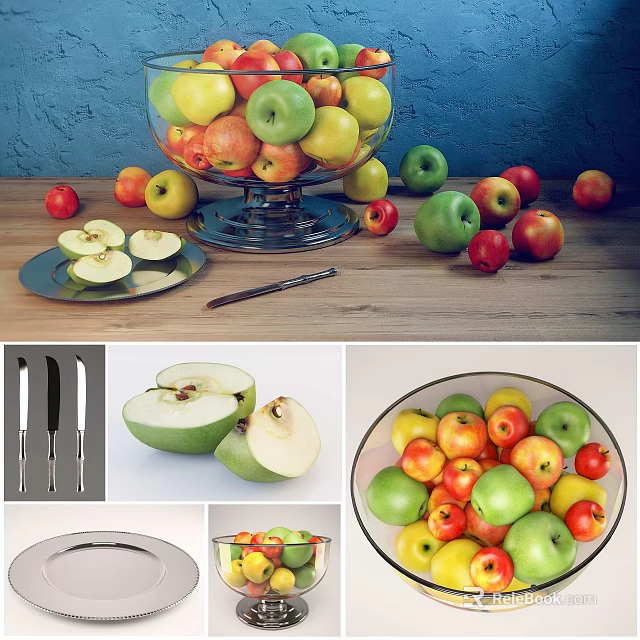 Fresh Assorted Fruits Including Green Red Apples Cherries In Glass Bowl And Sliced On Plate 3d model 