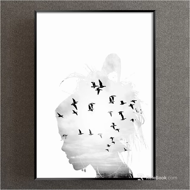 Black and White Animal Painting with Flying Birds in Head Silhouette on White Background 3d model 