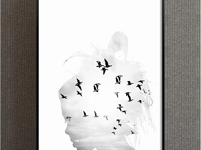 Black and White Animal Painting with Flying Birds in Head Silhouette on White Background 3d model