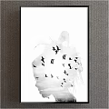 Black and White Animal Painting with Flying Birds in Head Silhouette on White Background