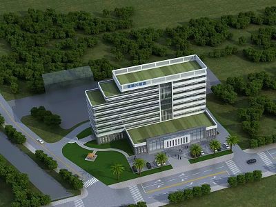 Aerial Planning of Modern Multi Story Building With Greenery and Surrounding Roads 3d model