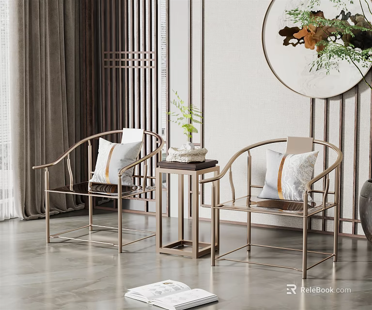 Elegant New Chinese Style Chair Coffee Table Set With Metal Frame Upholstered Seats And Plant Decor 3d model 