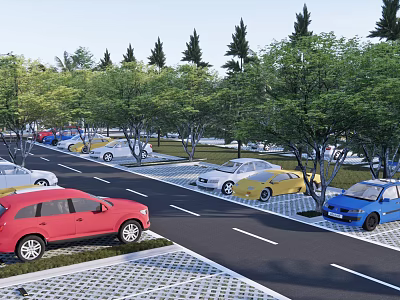 Eco Friendly Parking Lot With Lush Trees Colored Cars And Green Parking Spaces 3d model