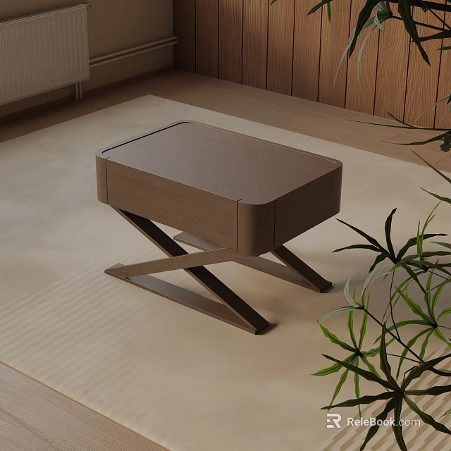 Modern Brown Wooden Bedside Table With Cross Leg Design And Green Plants 3d model 