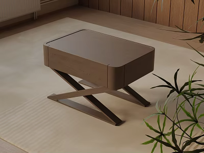 Modern Brown Wooden Bedside Table With Cross Leg Design And Green Plants 3d model