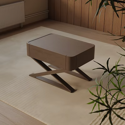 Modern Brown Wooden Bedside Table With Cross Leg Design And Green Plants 3d model
