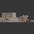 Model Scene Components Featuring Grey Storage Shelves Orange Items Wooden Platform And Metal Frame