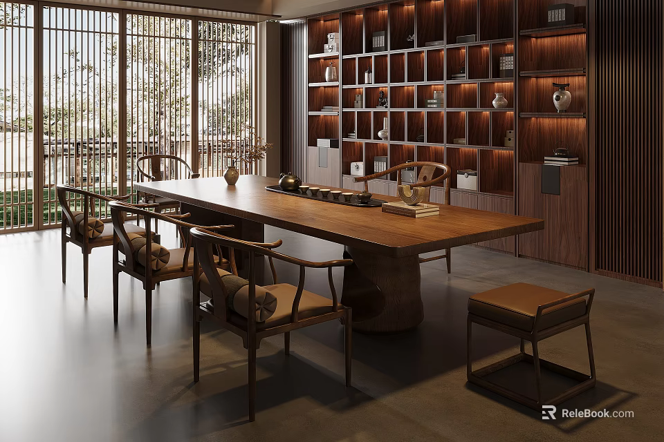 Traditional Tea Room Interior With Wooden Tea Table Chairs Bookshelves Tea Sets And Greenery View 3d model 