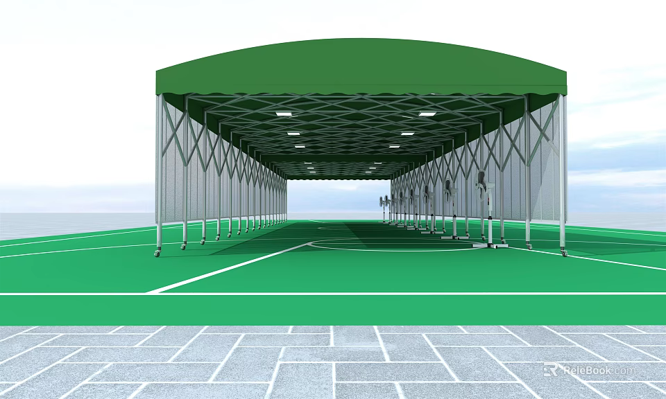 Green Curved Roof Tent With Metal Frame And Outdoor Green Ground Gray Tiles 3d model 
