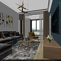Contemporary Living Dining Room Interior With Gray Sofa Colorful Pillows Blue Wall TV Chandelier