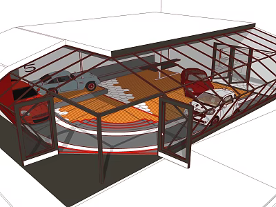 Transparent Glass Car Showroom Displaying Vintage Vehicles And Modern Design 3d model
