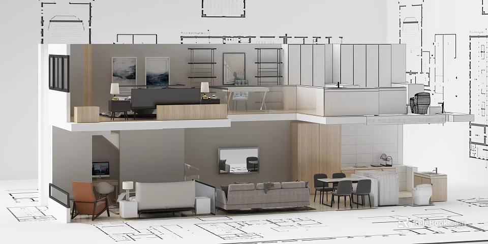 Modern Living and Dining Room Interior With Open Layout Sofa Dining Table And Shelves 3d model 