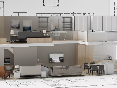 Modern Living and Dining Room Interior With Open Layout Sofa Dining Table And Shelves 3d model