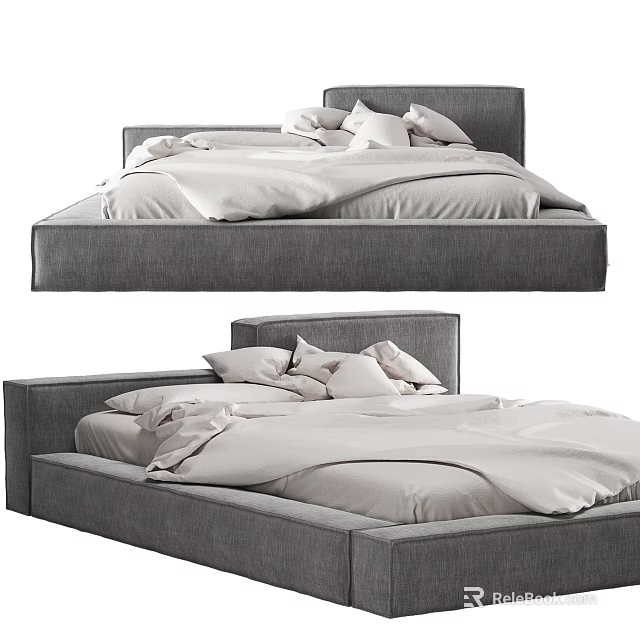 Modern Double Bed Design With Grey Headboard And Light Colored Bedding 3d model