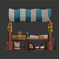 Fresh Fruit Stall With Blue White Striped Awning Bananas Crates On Green Grass