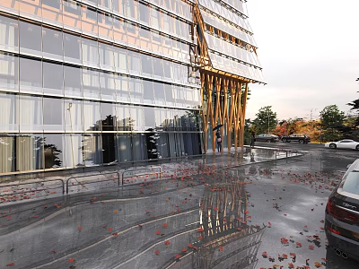 Modern Office Building With Glass Curtain Wall Wooden Structure And Fallen Leaves In Parking Lot 3d model