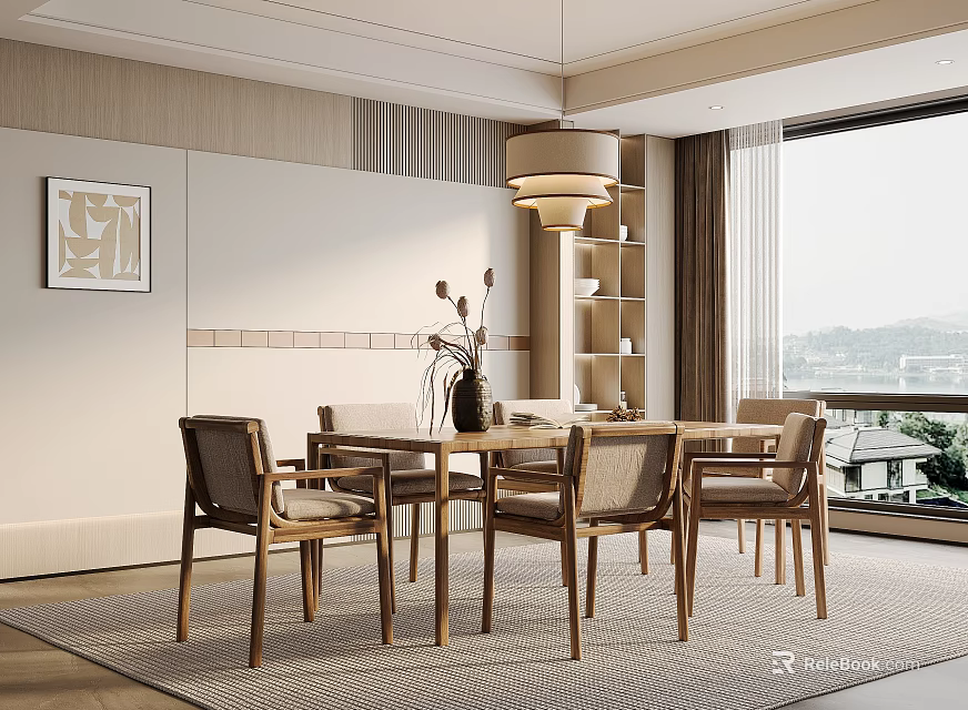 Modern Minimalist Restaurant Interior Design With Wooden Dining Table Chairs Pendant Lamp And Mountain View 3d model 