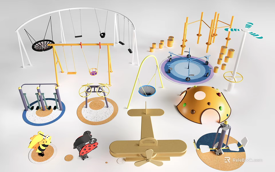 Colorful Outdoor Playground Equipment With Swings Climbing Frames Spinning Toys Slides And Airplane Shapes 3d model 