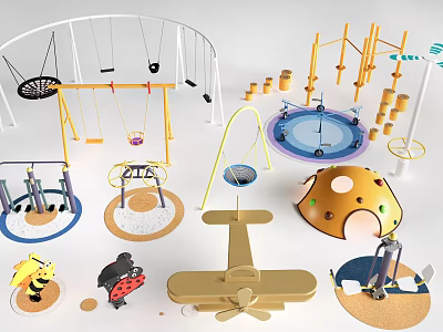 Colorful Outdoor Playground Equipment With Swings Climbing Frames Spinning Toys Slides And Airplane Shapes 3d model